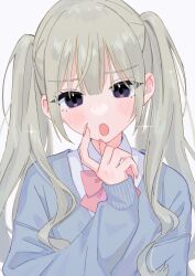 Rule 34 | 1girl, :o, black eyes, blonde hair, blue sweater, blush, collared shirt, commentary, eyelashes, finger to cheek, fingernails, hair behind ear, hair between eyes, hamafugu, hand up, highres, long eyebrows, long fingernails, long hair, looking at viewer, nail polish, neckerchief, open mouth, original, pink nails, pink neckerchief, school uniform, shirt, simple background, solo, sparkle, sweater, swept bangs, tongue, twintails, upper body, v-neck, white background, white shirt