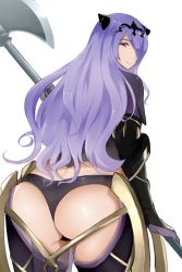 Rule 34 | 1girl, ass, axe, battle axe, camilla (fire emblem), erimiko, fire emblem, fire emblem fates, from behind, gloves, hair over one eye, highres, long hair, looking at viewer, looking back, nintendo, purple hair, red eyes, smile, solo, thong, very long hair, weapon