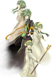 Rule 34 | 00s, 4boys, florian, florian (tales), frown, gloves, green eyes, green hair, hair between eyes, hair tubes, ion (tales), male focus, miho (mi), multiple boys, pom pom (clothes), short hair with long locks, simple background, sleeves rolled up, staff, standing, swept bangs, sync (tales), tales of (series), tales of the abyss, white background