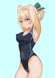 Rule 34 | 1girl, absurdres, aqua background, armpits, arms behind head, arms up, black one-piece swimsuit, blonde hair, breasts, chloe (princess connect!), competition swimsuit, covered navel, green ribbon, hair between eyes, highres, medium breasts, one-piece swimsuit, plaid, plaid ribbon, ponytail, princess connect!, purple eyes, ribbon, short hair, solo, swimsuit, tastyduck2021, two-tone swimsuit