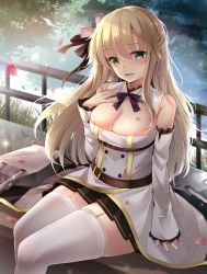 Rule 34 | 1girl, areola slip, arm at side, arm support, aurora (azur lane), azur lane, bare shoulders, black ribbon, blonde hair, blue eyes, bow, braid, breasts, cannon, cleavage, cleavage cutout, clothing cutout, day, detached sleeves, female focus, floating hair, garter straps, green eyes, hair between eyes, hair flaps, hair ornament, hair ribbon, hand on own chest, hand up, highres, jewelry, lake, large breasts, light particles, long hair, long sleeves, looking at viewer, machinery, no bra, open mouth, outdoors, petals, pleated skirt, reflection, ribbon, rigging, signature, sitting, skindentation, skirt, smile, solo, sparkle, thighhighs, toyosaki shu, tree, turret, very long hair, white thighhighs