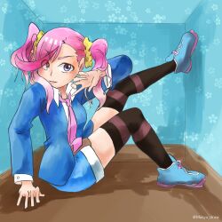 Rule 34 | 1girl, digimon, digimon universe: appli monsters, female focus, highres, karan eri, looking at viewer, necktie, pink hair, solo, striped clothes, striped thighhighs, thighhighs, twintails
