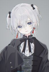Rule 34 | 1girl, black bow, black jacket, black ribbon, black shirt, bow, closed mouth, earrings, grey background, grey eyes, hair bow, head tilt, highres, indie virtual youtuber, jacket, jewelry, long sleeves, looking at viewer, matsuda hikari, neck ribbon, nekomugi tororo, ribbon, shirt, simple background, sleeves past fingers, sleeves past wrists, solo, two side up, upper body, virtual youtuber, white hair