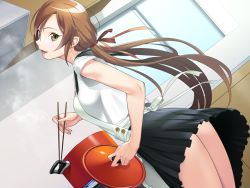 Rule 34 | 1girl, apron, breasts, brown hair, chopsticks, cooking, floating hair, from behind, game cg, happy, holding, hyoui kanojo: tsukikano, indoors, kitchen, legs, legs together, long hair, looking back, makino anri, medium breasts, nana g, open mouth, original, ponytail, skirt, smile, solo, standing, thighs, yellow eyes