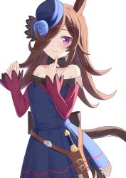 Rule 34 | 1girl, animal ears, bare shoulders, blue flower, blue hat, blue rose, blush, bow, brown hair, chakku illust, collarbone, commentary request, dagger, dress, dress bow, finger to mouth, flat chest, flower, fur collar, hair over one eye, hands up, hat, hat flower, highres, holstered, horse ears, horse girl, horse tail, knife, knife sheath, long hair, long sleeves, looking at viewer, off-shoulder dress, off shoulder, pleated dress, purple eyes, rice shower (umamusume), rose, scabbard, sheath, sheathed, sidelocks, simple background, smile, solo, tail, tilted headwear, umamusume, weapon, white background