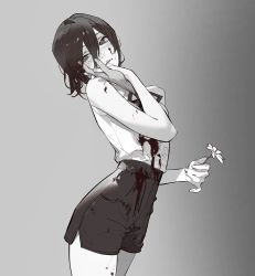 Rule 34 | 1girl, ask (askzy), bare shoulders, black hair, blood, blood on clothes, blood on face, blush, chainsaw man, daisy, disembodied limb, flower, grey background, greyscale, hair between eyes, high-waist shorts, highres, holding, holding flower, looking to the side, medium hair, monochrome, reze (chainsaw man), ribbon, shorts, simple background, sleeveless, solo