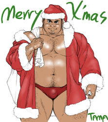 Rule 34 | 1boy, arm hair, bara, bare pectorals, belly, briefs, bulge, chest hair, christmas, dark-skinned male, dark skin, facial hair, fat, fat man, feet out of frame, goatee stubble, hairy, hand hair, hat, large pectorals, male focus, male underwear, merry christmas, muscular, muscular male, navel hair, nipples, no pants, original, pectorals, red hat, red male underwear, santa costume, santa hat, short hair, sideburns stubble, solo, standing, stubble, tama (g-men), thick eyebrows, thighs together, underwear
