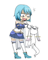 Rule 34 | +++, 10s, 1girl, armband, blue hair, cape, chibi, fang, fortissimo, geso (son-son-son912), gloves, hair ornament, hairclip, holding, kyubey, magical girl, mahou shoujo madoka magica, mahou shoujo madoka magica (anime), mahou shoujo madoka magica movie 1 &amp; 2, miki sayaka, musical note, musical note hair ornament, short hair, simple background, slit pupils, thighhighs, white background, zettai ryouiki