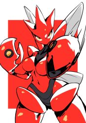 Rule 34 | armor, arthropod girl, black skin, breasts, claws, colored skin, creatures (company), game freak, gen 2 pokemon, highres, insect wings, looking at viewer, mantis girl, medium breasts, navel, nintendo, pincers, pokemon, pokemon (creature), red skin, scizor, spikes, thick thighs, thighs, togetoge, wide hips, wings, yellow eyes