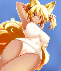 Rule 34 | 1girl, :p, animal ears, arm up, armpits, blonde hair, blue background, breasts, brown eyes, cameltoe, dearmybrothers, covered erect nipples, female focus, fox ears, fox tail, from below, hair bobbles, hair ornament, highres, impossible clothes, large breasts, multiple tails, no headwear, no headwear, one-piece swimsuit, school swimsuit, short hair, short twintails, smile, solo, swimsuit, tail, tan, tongue, tongue out, touhou, twintails, wet, yakumo ran, yellow eyes