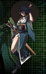 Rule 34 | 1girl, arc system works, black hair, fingerless gloves, gloves, hard corps: uprising, hat, konami, looking at viewer, official art, sayuri (hard corps), sword, weapon