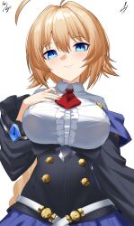 Rule 34 | 1girl, ahoge, arm at side, blazblue, blonde hair, blue eyes, blush, braid, braided ponytail, breasts, center frills, closed mouth, collared shirt, commentary request, commission, es (xblaze), frills, hair between eyes, hand up, highres, large breasts, long hair, long sleeves, looking at viewer, low ponytail, necktie, nichijo, red necktie, shirt, signature, simple background, slit pupils, smile, solo, tsurime, upper body, very long hair, white background, white shirt, wide sleeves, xblaze, xblaze code: embryo