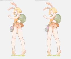 Rule 34 | 1girl, :&lt;, animal ears, artist name, ass, backpack, bag, bare arms, bare legs, bare shoulders, barefoot, bartolomeobari, blonde hair, brown eyes, carrot (one piece), commentary, dress, english commentary, female focus, from behind, full body, grey background, highres, looking at viewer, looking back, multiple views, no panties, no pupils, one piece, orange dress, panties, pussy, rabbit ears, rabbit girl, rabbit tail, red panties, short dress, short hair, simple background, tail, third-party edit, tiptoes, uncensored, underwear
