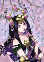 Rule 34 | 1girl, black hair, blurry, collarbone, depth of field, detached sleeves, duel monster, hand fan, folding fan, frostcyco, headgear, highres, holding, long hair, looking at viewer, petals, purple eyes, solo, talaya princess of cherry blossoms, talya princess of cherry blossoms, yu-gi-oh!