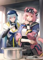 Rule 34 | 1boy, 1girl, absurdres, animal ears, arknights, black bow, black choker, black hairband, black shirt, black skirt, blue bow, blue hair, blue headwear, blue jacket, blue neckerchief, bow, braid, breasts, cat ears, cat girl, cat tail, choker, clothes writing, cooking, cooking pot, day, floppy ears, gloves, goldenglow (arknights), hair bow, hair ornament, hairband, hairclip, hand on own chin, hat, high-waist skirt, highres, indoors, infection monitor (arknights), jacket, lid, lightning bolt print, long hair, mizuki (arknights), multicolored clothes, multicolored jacket, neckerchief, pink eyes, pink hair, pink jacket, pouch, print bow, print hairband, scissors, shirt, short hair, skirt, small breasts, sunlight, tail, thinking, trap, two-tone jacket, upper body, welt (kinsei koutenkyoku), white gloves, white shirt, window