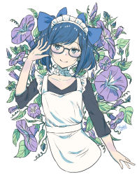 Rule 34 | a-chan (hololive), absurdres, alternate hairstyle, apron, black shirt, blue eyes, blush, bow, closed mouth, collar, collarbone, flower, glasses, haekel, hair bow, highres, hololive, long sleeves, looking at viewer, maid headdress, matching hair/eyes, shirt, short hair, smile, upper body, virtual youtuber, white apron, white background