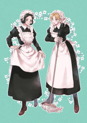 Rule 34 | 2girls, ace attorney, alternate costume, apron, black dress, black hair, blonde hair, blue eyes, dress, flower, full body, gina lestrade, hat, highres, holding, holding mop, juliet sleeves, long dress, long sleeves, looking at another, looking down, maid apron, maid headdress, mob cap, mop, multiple girls, noi350, open mouth, puffy sleeves, shoes, short hair, smile, standing, susato mikotoba, the great ace attorney, white apron, white headwear