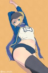 Rule 34 | 1girl, arms up, artoria pendragon (all), artoria pendragon (fate), baseball cap, black legwear, blonde hair, blue scarf, blush, breasts, buruma, covered mouth, fate/grand order, fate (series), green eyes, gym uniform, hat, jacket, looking at viewer, md5 mismatch, medium breasts, midriff, mysterious heroine x (fate), navel, ponytail, resolution mismatch, rojiura satsuki : chapter heroine sanctuary, saber (fate), scarf, simple background, solo, source smaller, thighs, track jacket, utu (ldnsft)