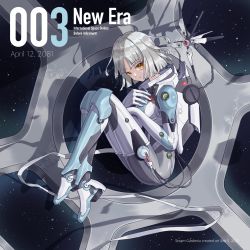 Rule 34 | 1girl, bodysuit, commentary request, english text, fetal position, hands on own chest, highres, looking at viewer, original, platinum blonde hair, science fiction, shadow, skin tight, sky, smile, solo, space, spacesuit, star (sky), starry sky, window, yellow eyes, zero gravity, zhengqi zhizi sg