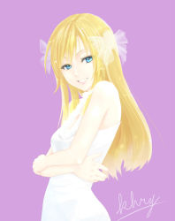 Rule 34 | bare shoulders, blonde hair, blue eyes, bow, character request, dress, grin, hair bow, halterneck, lipstick, long hair, makeup, saty-rokuji, smile, white dress
