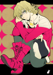 Rule 34 | 10s, 1boy, barnaby brooks jr., blonde hair, boots, borrowed clothes, cabbie hat, flat color, glasses, green eyes, hat, holding, holding clothes, holding hat, jacket, jewelry, male focus, necklace, red jacket, sitting, sm chika, solo, tiger &amp; bunny, unworn hat, unworn headwear