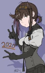 Rule 34 | 1girl, 2020, black bodysuit, black headband, black neckwear, black skirt, bodysuit, breasts, brown eyes, brown hair, closed mouth, clothes writing, dated, double v, hachimaki, hair flaps, hatsuzuki (kancolle), headband, kantai collection, medium breasts, new year, pazuu, pleated skirt, ponytail, purple background, sailor collar, shadow, signature, simple background, skirt, solo, v