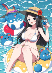 Rule 34 | 1girl, absurdres, aqua eyes, azumarill, azurill, bare arms, bare legs, bikini, black hair, braid, breasts, cleavage, commentary request, commission, creatures (company), crossover, eggman (pixiv28975023), floating, flower, game freak, gen 2 pokemon, gen 3 pokemon, hair flower, hair ornament, hat, hat flower, hibiscus, highres, holding, holding poke ball, innertube, large breasts, long hair, looking at viewer, marill, nintendo, ocean, one eye closed, outdoors, poke ball, pokemon, red flower, sidelocks, skeb commission, smile, straw hat, swim ring, swimsuit, thighs, underboob, very long hair, virtual youtuber, white bikini