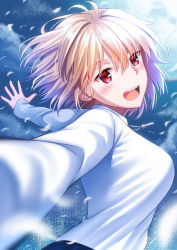 Rule 34 | 1girl, :d, antenna hair, arcueid brunestud, blonde hair, blurry, blurry foreground, blush, breasts, day, hair between eyes, hair intakes, long sleeves, medium breasts, medium hair, mizunashi hayate, open mouth, outdoors, outstretched arms, red eyes, shirt, smile, solo, tsukihime, upper body, white shirt