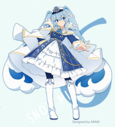 Rule 34 | 1girl, agonasubi, aqua background, artist name, blue dress, blue eyes, blue hair, blue legwear, boots, borrowed design, character name, commentary, contrapposto, dress, eighth note, foreshortening, frilled dress, frills, full body, hand on own hip, hat, hatsune miku, highres, jacket, jacket on shoulders, knee boots, layered dress, light blue hair, long hair, looking at viewer, military, military uniform, multicolored hair, musical note, musical note print, naval uniform, outstretched arm, peaked cap, petticoat, sailor hat, smile, snowflake print, solo, staff (music), standing, star (symbol), star print, twintails, uniform, very long hair, vocaloid, white footwear, white hair, white hat, white jacket, yuki miku, yuki miku (2022) (candidate no.6)