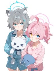 Rule 34 | &gt; &lt;, 2girls, = =, ahoge, alternate costume, animal ear fluff, animal ears, animal print, blue archive, blue eyes, blue halo, blue pajamas, blush, bright pupils, closed mouth, cross, cross hair ornament, hair ornament, halo, hashtag-only commentary, heterochromia, highres, hoshino (blue archive), hoshino (young) (blue archive), huge ahoge, hugging doll, hugging object, hyeonwook9, inverted cross, long sleeves, looking at viewer, mismatched pupils, multiple girls, official alternate hairstyle, pajamas, paw print, pink hair, pink halo, pink pajamas, ponytail, rabbit print, shiroko (blue archive), shiroko (young) (blue archive), short hair, simple background, stuffed animal, stuffed toy, stuffed whale, stuffed wolf, upper body, white background, white pupils, wolf ears, wolf girl, yellow eyes