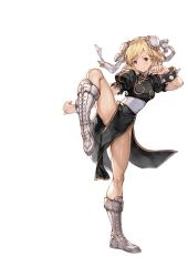 Rule 34 | 1girl, bad id, bad twitter id, bare legs, black dress, blonde hair, boots, bracelet, brown eyes, capcom, china dress, chinese clothes, chun-li, chun-li (cosplay), cosplay, cross-laced footwear, djeeta (granblue fantasy), double bun, dress, eyeshadow, fighting stance, flexible, full body, game cg, granblue fantasy, hair bun, high collar, jewelry, lace-up boots, leg up, legs, makeup, minaba hideo, no legwear, official art, pelvic curtain, puffy short sleeves, puffy sleeves, ribbon, sash, see-through, shiny skin, short hair, short sleeves, side slit, simple background, smile, solo, spiked bracelet, spikes, standing, standing on one leg, street fighter, transparent background, white background, white footwear, white ribbon