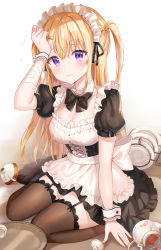 Rule 34 | 1girl, absurdres, apron, bad id, bad pixiv id, bandaged arm, bandages, black dress, blonde hair, bow, bowtie, breasts, brown thighhighs, cleavage, commentary request, cup, detached collar, dress, flying sweatdrops, garter straps, hand up, highres, lace, lace-trimmed legwear, lace trim, large breasts, long hair, looking at viewer, maid, maid apron, maid headdress, motion lines, original, plate, puffy short sleeves, puffy sleeves, purple eyes, short sleeves, sidelocks, solo, teacup, teapot, thighhighs, tokkyu, tray, two side up, waist apron, wrist cuffs, zettai ryouiki