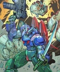 Rule 34 | armor, biomechanical, blue armor, bullet hole, decapitation, drill, dual wielding, getter go, getter robo, getter robo go, glowing, glowing eyes, green armor, gun, highres, holding, holding gun, holding sword, holding weapon, jetpack, katana, mecha, monster, multicolored armor, no humans, red armor, red eyes, robot, science fiction, sharp teeth, sliced, super robot, sword, teeth, thrusters, weapon, yamanushi, yellow eyes