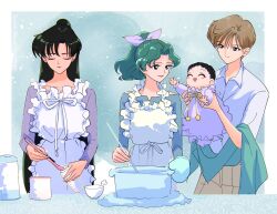 Rule 34 | 4girls, aged down, apron, bishoujo senshi sailor moon, black hair, blonde hair, blush, bottle, bowl, closed eyes, collared shirt, cooking, cowboy shot, dress, frilled apron, frills, green background, green hair, green shirt, grey pants, hair between eyes, hair ribbon, half updo, holding, holding baby, holding spoon, kaiou michiru, long hair, looking at another, meiou setsuna, milk bottle, multiple girls, namisonpictures, open mouth, outstretched hand, oven mitts, pants, parted bangs, ponytail, purple dress, purple ribbon, purple shirt, ribbon, shirt, short hair, smile, spoon, straight hair, ten&#039;ou haruka, tomoe hotaru, wavy hair, white apron, white shirt
