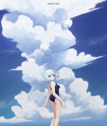 Rule 34 | 1girl, 2020, absurdres, aoi kao (lsz7106), blue eyes, blue one-piece swimsuit, blue sky, breasts, cloud, date a live, floating hair, hair between eyes, highres, looking back, medium breasts, medium hair, one-piece swimsuit, outdoors, school swimsuit, silver hair, sky, solo, standing, swimsuit, tobiichi origami