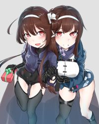 Rule 34 | 2girls, asymmetrical legwear, blush, brown hair, commentary, creator connection, gift, girls&#039; frontline, gloves, grin, holding hands, highres, js 9 (girls&#039; frontline), k0ng, mechanical arms, multiple girls, navel, prosthesis, prosthetic arm, purple eyes, single mechanical arm, skindentation, smile, sweatdrop, thigh strap, thighhighs, tight clothes, type 79 (girls&#039; frontline), uneven legwear