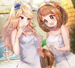 Rule 34 | + +, 3girls, :d, ^^^, animal ears, bad id, bad pixiv id, bare arms, bare shoulders, blonde hair, blue bow, blue eyes, blush, bow, braid, breasts, brick wall, brown eyes, brown hair, cleavage, commentary request, curren chan (umamusume), ear bow, gold city (umamusume), grey hair, hairband, highres, holding tail, horse ears, horse girl, horse tail, indoors, meyamu, multiple girls, naked towel, open mouth, red eyes, slipping, small breasts, smile, sparkle, tail, teeth, towel, umamusume, upper teeth only, white hairband, yukino bijin (umamusume)
