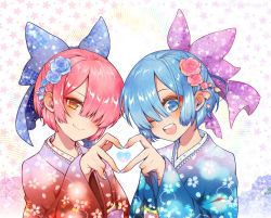 Rule 34 | 2girls, alternate costume, blackcat (blackcatbox), blue bow, blue eyes, blue flower, blue hair, blue kimono, blue nails, blush, bow, commentary request, female focus, flower, hair bow, hair flower, hair ornament, hair over one eye, japanese clothes, kimono, large bow, looking at viewer, matching hair/eyes, multiple girls, nail polish, pink bow, pink hair, pink nails, ram (re:zero), re:zero kara hajimeru isekai seikatsu, red flower, red kimono, rem (re:zero), short hair, siblings, sisters, smile, twins, wide sleeves, wink, x hair ornament