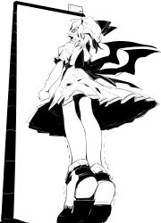 Rule 34 | 1girl, bat wings, bow, clenched hands, commentary request, dress, full body, greyscale, hat, height, height conscious, highres, ikurauni, juliet sleeves, loafers, long sleeves, looking up, mob cap, monochrome, perspective, puffy sleeves, remilia scarlet, shaking, shoes, short hair, short sleeves, simple background, skirt, solo, stretching, embodiment of scarlet devil, tiptoes, touhou, white background, wings