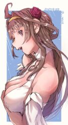 Rule 34 | 1girl, ahoge, blunt bangs, breasts, brown hair, cleavage, dated, dress, flower, hair flower, hair ornament, highres, kantai collection, kongou (kancolle), looking at viewer, medium breasts, n-mori, official alternate costume, one-hour drawing challenge, open mouth, profile, purple eyes, smile, solo, teeth, twitter username, upper body, upper teeth only, white dress