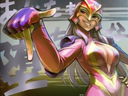 Rule 34 | 1girl, bearclaw, bodysuit, breasts, fingerless gloves, gloves, large breasts, long hair, mask, no bra, open clothes, purple hair, sa-ki, smile, solo, wrestle angels, wrestle angels survivor, wrestle angels survivor 2, wrestler, wrestling outfit