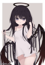 Rule 34 | 1girl, bare shoulders, black hair, black wings, collarbone, commentary request, grey background, hair between eyes, halo, hands in own hair, hands up, long hair, looking at viewer, off shoulder, original, parted lips, purple eyes, shirt, short sleeves, solo, two-tone background, usagimiko, very long hair, white background, white shirt, wings
