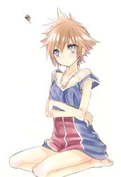 Rule 34 | 1girl, bad id, bad pixiv id, bare shoulders, blue eyes, breasts, brown hair, commentary request, jewelry, kingdom hearts, necklace, nora (s-blossom), short hair, sitting, small breasts, solo, sora (kingdom hearts)