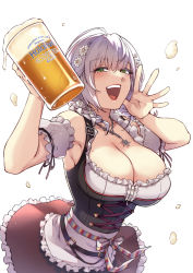 Rule 34 | 1girl, :d, ahoge, bare shoulders, beer mug, belt, braid, breasts, cleavage, commentary, cross-laced clothes, cup, dress, flower, frilled dress, frills, green eyes, hair between eyes, hair flower, hair ornament, hands up, highres, holding, holding cup, hololive, hololive fantasy, jewelry, large breasts, looking at viewer, mibry (phrysm), mole, mole on breast, mug, necklace, open mouth, shirogane noel, shirogane noel (dirndl), smile, solo, teeth, upper teeth only, virtual youtuber, white hair
