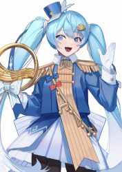 Rule 34 | 1girl, ahoge, aiguillette, argyle, band uniform, beamed eighth notes, blue bow, blue bowtie, blue eyes, blue hair, blue headwear, blue jacket, blue skirt, bow, bowtie, commentary, cowboy shot, eighth note, epaulettes, gloves, hair ribbon, hand up, hat feather, hatsune miku, head tilt, highres, holding, holding instrument, horn (instrument), instrument, jacket, layered skirt, light blue hair, mallope, mini shako cap, miniskirt, musical note, open mouth, pantyhose, pleated skirt, quarter note, red bow, red bowtie, red ribbon, ribbon, simple background, skirt, smile, snowflake print, solo, standing, striped ribbon, twintails, vocaloid, white background, white gloves, white ribbon, white skirt, yuki miku, yuki miku (2020)