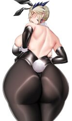 Rule 34 | 1girl, absurdres, alternate costume, animal ears, arind yudha, artoria pendragon (fate), artoria pendragon (lancer alter) (fate), ass, ass focus, backboob, backless leotard, bare shoulders, black gloves, black leotard, blush, breasts, elbow gloves, fake animal ears, fake tail, fate/grand order, fate (series), gloves, highres, huge breasts, leotard, looking at viewer, looking back, medium hair, pantyhose, playboy bunny, rabbit ears, rabbit tail, simple background, solo, tail, thighs, white background