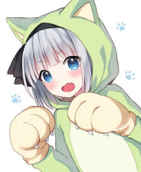 Rule 34 | 1girl, alternate costume, animal costume, animal ears, animal hands, black hairband, black ribbon, blue eyes, blunt bangs, blush, bob cut, claw pose, claws, commentary request, dutch angle, fake animal ears, fang, formal, gao, gloves, green suit, hair ribbon, hairband, hands up, highres, konpaku youmu, looking at viewer, open mouth, paw gloves, paw print, paw print background, ribbon, short hair, silver hair, simple background, skin fang, solo, suit, suzuno naru, touhou, upper body, v-shaped eyebrows, white background