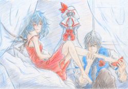 Rule 34 | 1boy, 1girl, bad id, bad pixiv id, bare legs, blue hair, colored pencil (medium), commentary request, curiosities of lotus asia, dress, esparda, feet, flower, foot worship, glasses, hetero, high heels, holding another&#039;s foot, messy hair, morichika rinnosuke, off shoulder, one eye closed, red eyes, remilia scarlet, rose, shoes, silver hair, sketch, touhou, traditional media, wings, wink, yellow eyes, you (esparda)