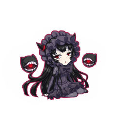 Rule 34 | 10s, 1girl, abyssal ship, black hair, bonnet, chibi, dress, escort fortress (kancolle), gothic lolita, horns, isolated island oni, kantai collection, lolita fashion, long hair, lying, minarai, pantyhose, red eyes, ribbed dress, simple background, teeth, thighhighs