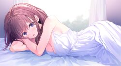 Rule 34 | 1girl, bare arms, bed sheet, blush, braid, breasts, brown hair, cleavage, commentary request, curtains, dress, highres, indoors, looking at viewer, lying, medium breasts, medium hair, on bed, open mouth, original, pasdar, purple eyes, smile, solo, white dress, window